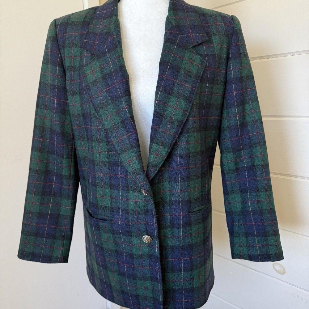 Alfred Dunner Blazer Plaid Green Navy Vintage Petite 6P Gold Crest Button USA